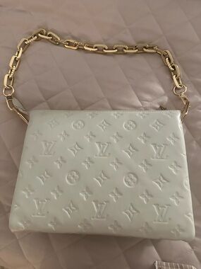 Cream Embossed Monogram Shoulder Bag with Gold Chain